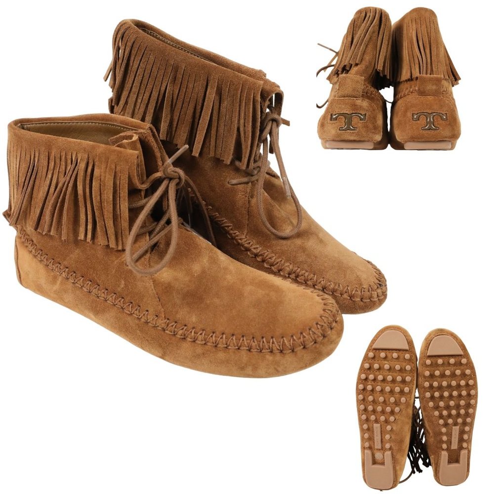 Tory Burch Sonoma Bootie Fringe Suede Brown Women's 5.5 Ankle Moccasins Boots - Picture 7 of 16